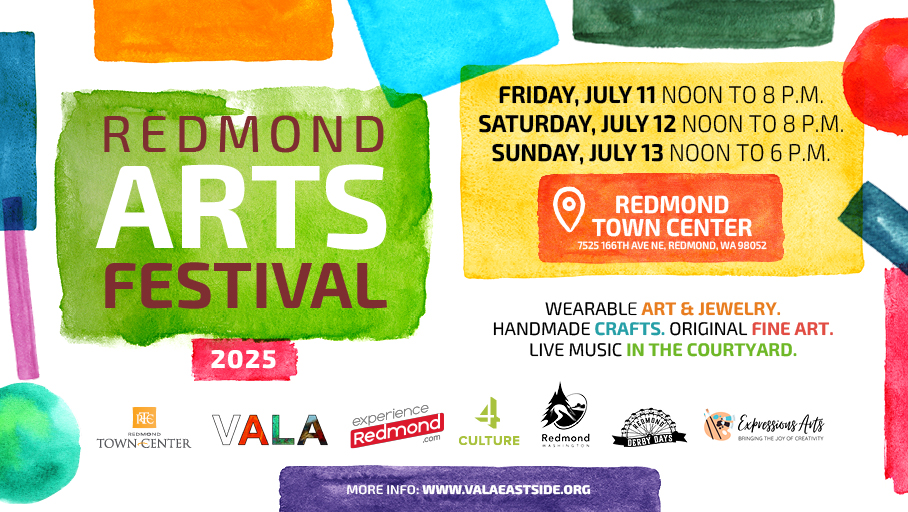 Join us for the Redmond Arts Festival during Derby Days, July 11-13! Enjoy 60+ artist booths, live music, community art, and fun for all ages. Discover unique art, crafts, and more. For details: VALAEASTSIDE.ORG