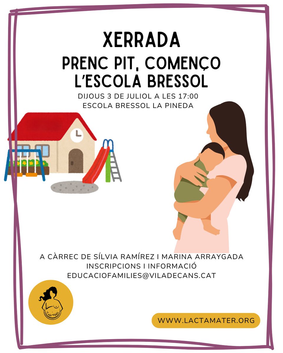 LactaMater's tweet photo. 🤱🏼 Comença l’escola bressol i continues amb lactància?
 Aquest dijous 3 de juliol a les 17 h vine a la xerrada amb @Lactandoendiver  i @ArraygadaMarina  a l’EBM La Pineda (Viladecans).
📩 Inscripcions: educaciofamilies@viladecans.cat
 #Lactància #EscolaBressol #Lactamater https://t.co/NK3jMkba2R