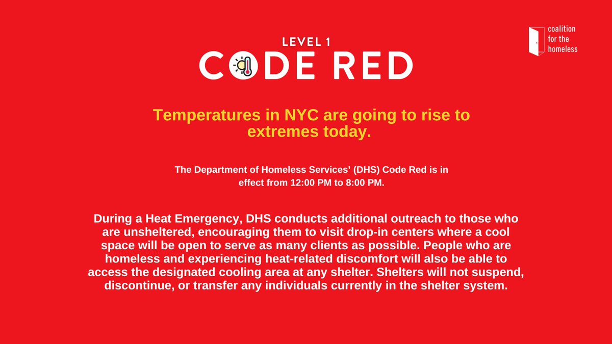 Code Red is in effect today, June 25, from 11 AM until 8 PM. Learn more about Excessive Heat Events here: coalitionforthehomeless.org/get-help/know-…