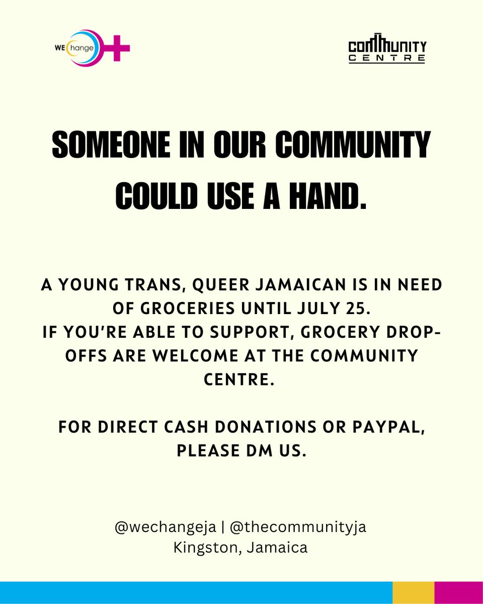 There’s a young trans, queer Jamaican in need of some support with groceries until July 25.

If you're able to help, grocery drop-offs can be made at the Community Centre. And if you’d prefer to send a cash donation or PayPal, please DM us for those details.

Thanks for showing