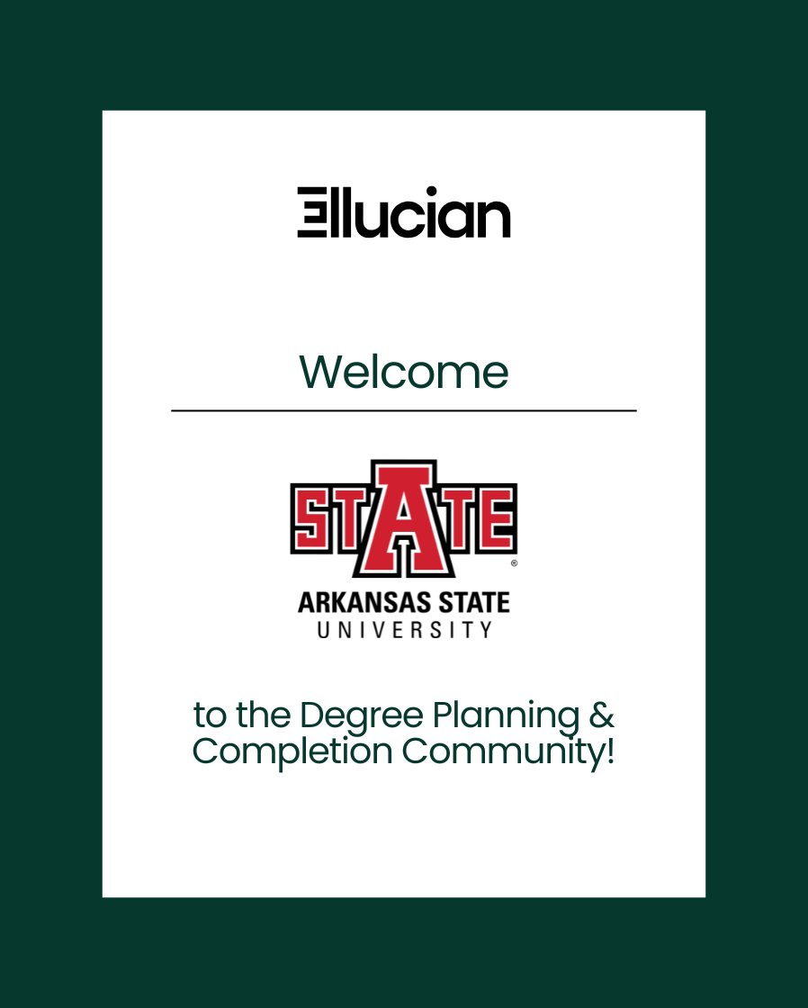 Ellucian (@ellucianinc) on Twitter photo Welcome to the Ellucian Degree Planning & Completion Community, <a href="/ArkansasState/">Arkansas State</a>!
We’re proud to support their mission to boost retention, simplify enrollment, and empower students every step of the way.
bit.ly/3T4IjAo
#EllucianCommunity #HigherEd #StudentSuccess Welcome to the Ellucian Degree Planning & Completion Community, <a href="/ArkansasState/">Arkansas State</a>!
We’re proud to support their mission to boost retention, simplify enrollment, and empower students every step of the way.
bit.ly/3T4IjAo
#EllucianCommunity #HigherEd #StudentSuccess