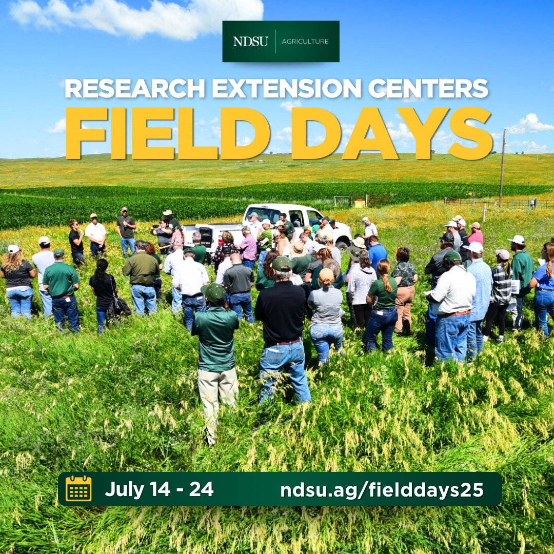 NDAgExpStation's tweet image. NDSU Field Days kick off July 14! Hands-on learning, cutting-edge ag research , and expert insight. 🌾 See the full schedule of events and find your tour ndsu.ag/fielddays25 #NDSUFieldDays #NDag