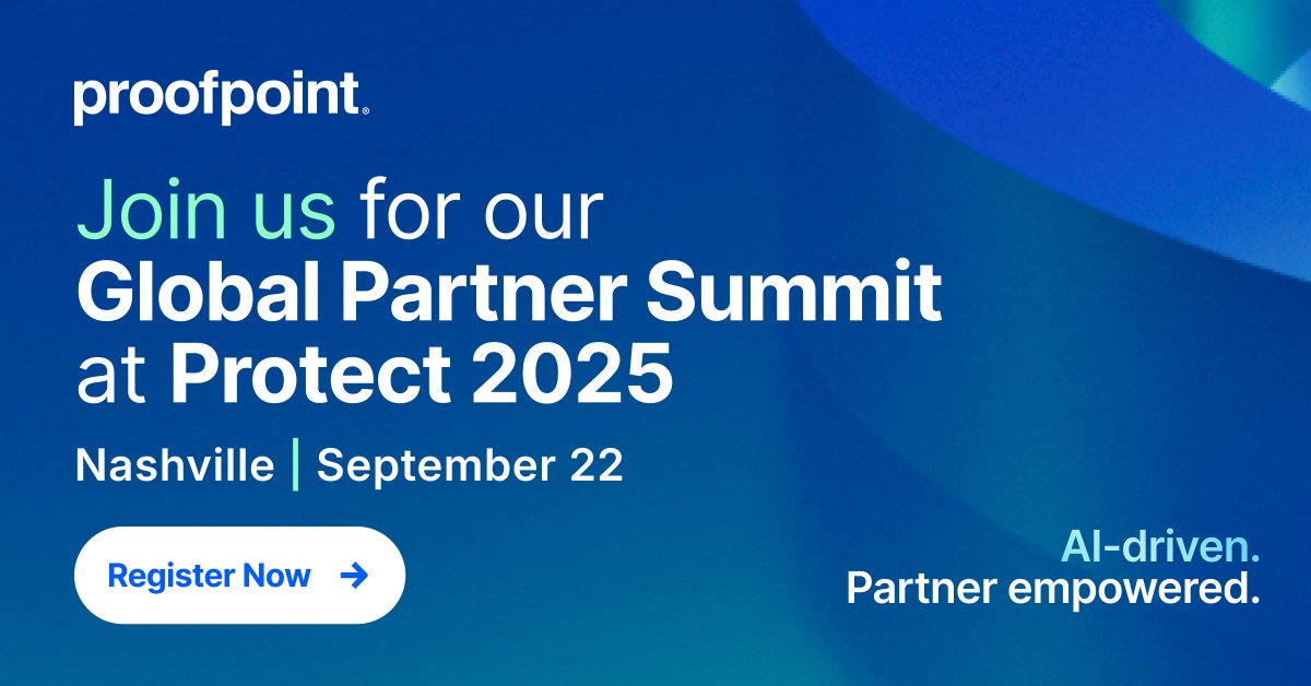 🚨 Proofpoint Partners 🚨

Join us for Proofpoint Global Partner Summit, happening during #ProofpointProtect 2025—our premier #HumanCentricSecurity conference—in Nashville this September. 

AI Driven. Partner Empowered.

🎟 Learn more and register at brnw.ch/21wTEoT