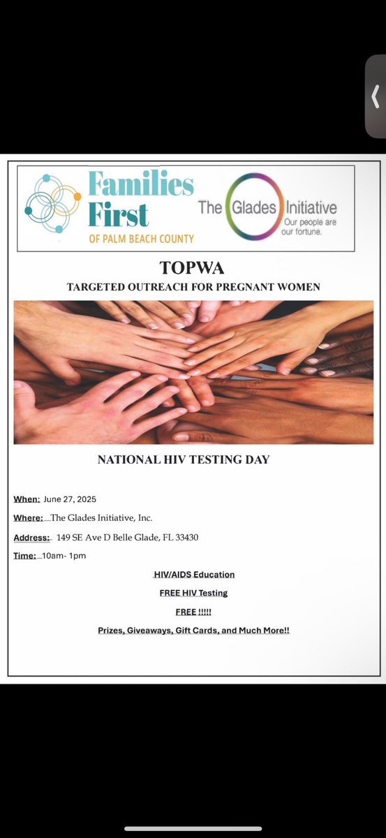 Join the TOPWA team and The Glades Initiative this Friday for NATIONAL HIV TESTING DAY! 🎉 Enjoy games, prizes, and gift card giveaways while learning about HIV. You can also schedule an at-home testing session! 

See you there! 🌟