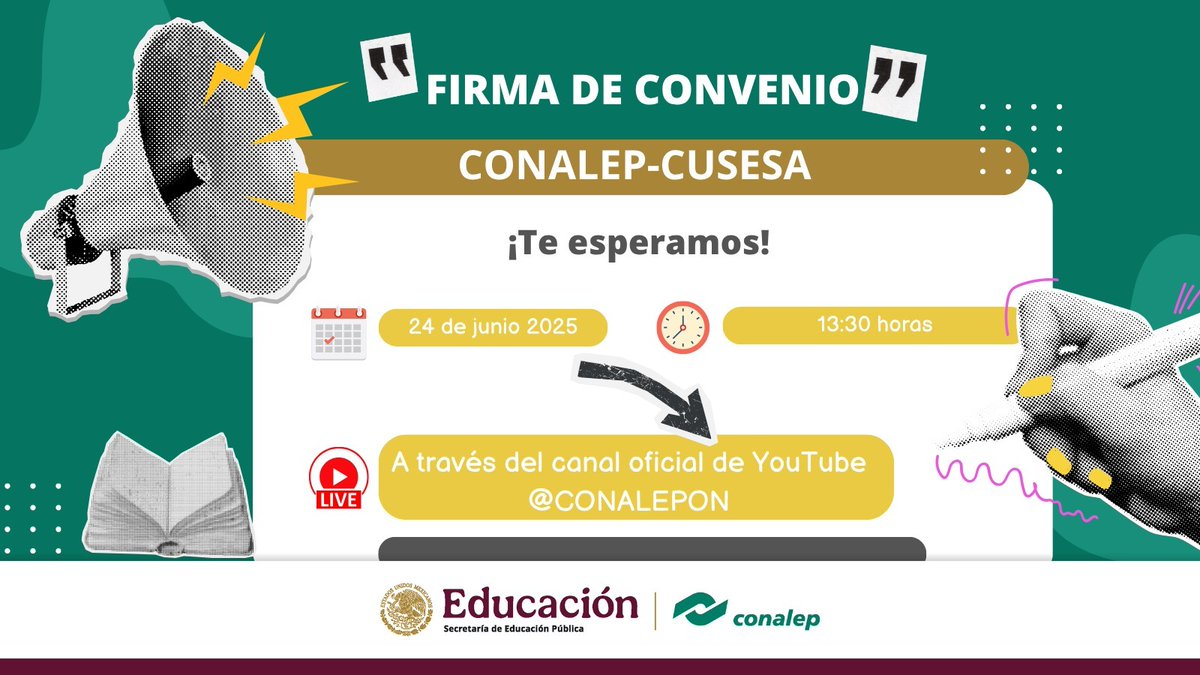 CONALEP_Mex's tweet photo. 📌 ¡Es hoy! Acompáñanos a las 13:30 horas en la Firma de Convenio #CONALEP - CUSESA  🤝 

Mira la transmisión #EnVivo por nuestro canal de YouTube y sé parte de este gran paso 🌟 👉 https://t.co/zeULX9frnl https://t.co/pnCfvD8ESP