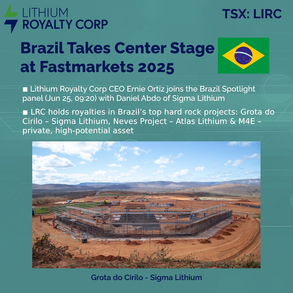 Lithium Royalty Corp. (@lithium_royalty) on Twitter photo Brazil takes center stage at #Fastmarkets 2025!
Lithium Royalty Corp CEO Ernie Ortiz joins the Brazil Spotlight panel (Jun 25, 09:20 AM) with Daniel Abdo of <a href="/SigmaLithium/">Sigma Lithium</a>
LRC holds royalties in Brazil’s top hard rock projects:
🔹 Grota do Cirilo – <a href="/SigmaLithium/">Sigma Lithium</a>
🔹 Neves Brazil takes center stage at #Fastmarkets 2025!
Lithium Royalty Corp CEO Ernie Ortiz joins the Brazil Spotlight panel (Jun 25, 09:20 AM) with Daniel Abdo of <a href="/SigmaLithium/">Sigma Lithium</a>
LRC holds royalties in Brazil’s top hard rock projects:
🔹 Grota do Cirilo – <a href="/SigmaLithium/">Sigma Lithium</a>
🔹 Neves