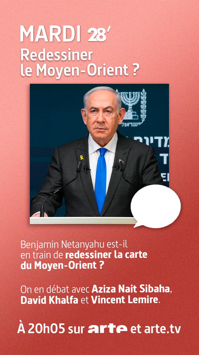 28 minutes (@28minutes) on Twitter photo Benjamin Netanyahu est-il en train de redessiner la carte du Moyen-Orient ?
Débat avec :
➡ <a href="/AzizaNaitSibaha/">Aziza Nait Sibaha Bousiyd عزيزة نايت سي بها بوسعيد</a>, rédactrice en chef à France 24
➡ <a href="/dkhalfa/">David Khalfa</a>, co-directeur de l’Observatoire du Moyen-Orient de la Fondation <a href="/j_jaures/">Fondation Jean-Jaurès</a>
➡ <a href="/v_lemire/">vincent-lemire.bsky.social</a>, historien
📺 tinyurl.com/28min240625 Benjamin Netanyahu est-il en train de redessiner la carte du Moyen-Orient ?
Débat avec :
➡ <a href="/AzizaNaitSibaha/">Aziza Nait Sibaha Bousiyd عزيزة نايت سي بها بوسعيد</a>, rédactrice en chef à France 24
➡ <a href="/dkhalfa/">David Khalfa</a>, co-directeur de l’Observatoire du Moyen-Orient de la Fondation <a href="/j_jaures/">Fondation Jean-Jaurès</a>
➡ <a href="/v_lemire/">vincent-lemire.bsky.social</a>, historien
📺 tinyurl.com/28min240625