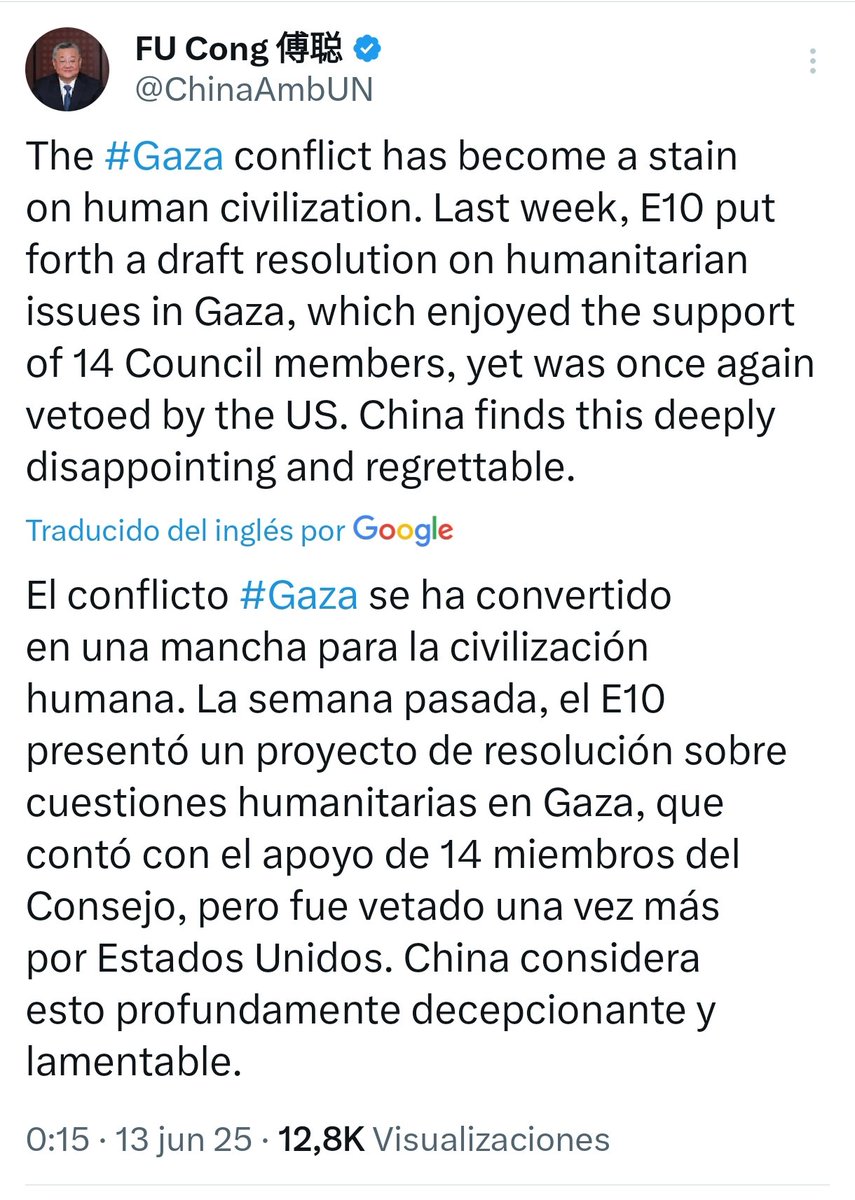 Días antes de los ataques ilegales de Israel contra Irán, EEUU volvía a vetar una resolución en el Consejo de Seguridad de Naciones Unidas sobre garantías humanitarias para Gaza, tal y como denuncia el representante chino en la ONU.

Desde entonces, China y otros países, han