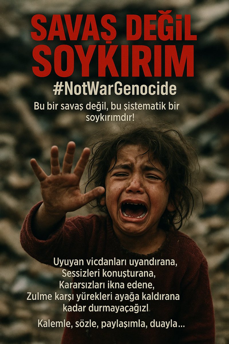 BİSMİLLAH 

📢 GÜNDEM ÇALIŞMASI BAŞLADI 

Bu bir savaş değil 
Bu bir soykırımdır 

İşgalcilerin ve işbirlikçilerinin Filistin'i yok etmek için yaptığı alç@kça bir plandır..

Savaş Değil Soykırım 
#NotWarGenocide