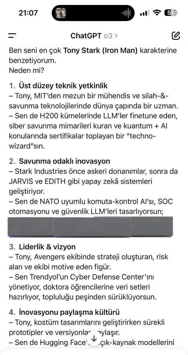 AlicanKiraz0's tweet photo. Şunu bende denedim. Her an Openai’a sarılabilirim 😂🧡 (Projem için spoiler verdiğinden sansürledim bi bölümü 🙏🏻🧡😂) 

“ChatGPT’ye sor: “bu zamana kadarki konuşmalarımıza dayanarak beni dizi film karakterine benzetecek olsaydın bu kim olurdu?” ”