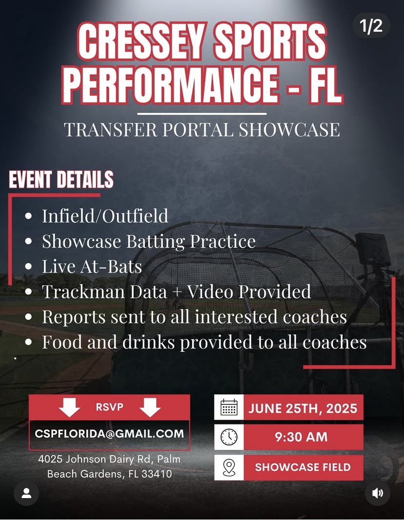 🔥 Locked in for the <a href="/CresseySP/">Cressey Sports Performance</a> Showcase ‼️
I’ll be throwing my bullpen at 12:15 PM
Redshirt Freshman | Bright Futures &amp; FL Prepaid ✅
FB: T93 / 88–90
CB | SL | CH ready to tunnel.
Let’s work. 💪 #FLBaseball #TransferPortal #RHP #ShowcaseDay