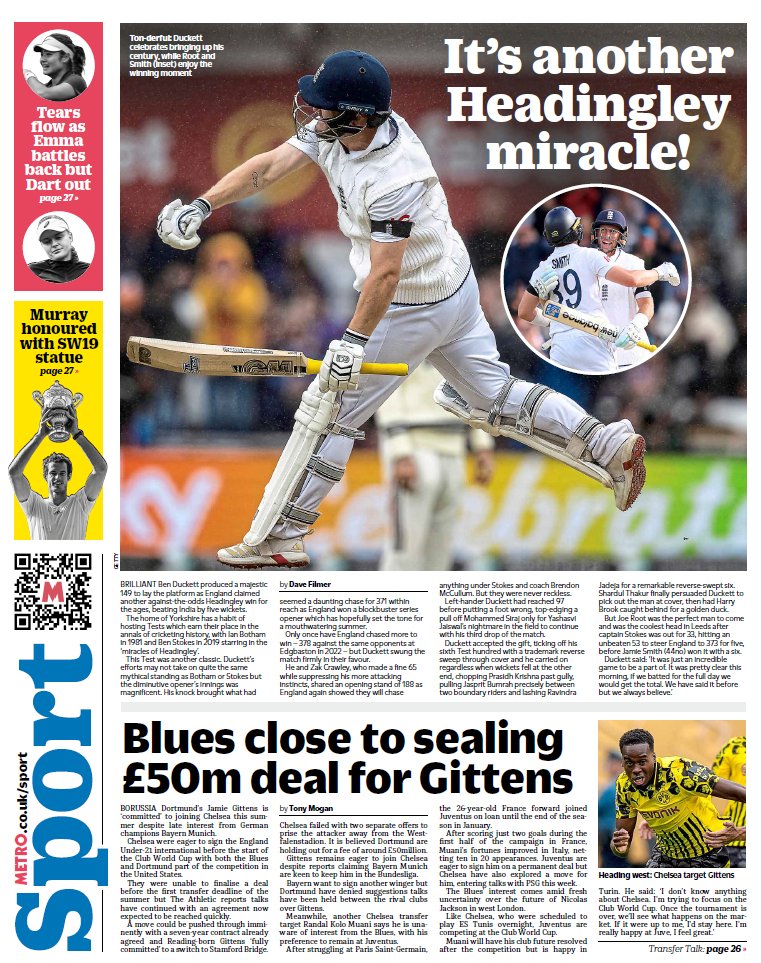 Duckett's the hero as England pull off a miracle at Headingley once again - Wednesday's back page