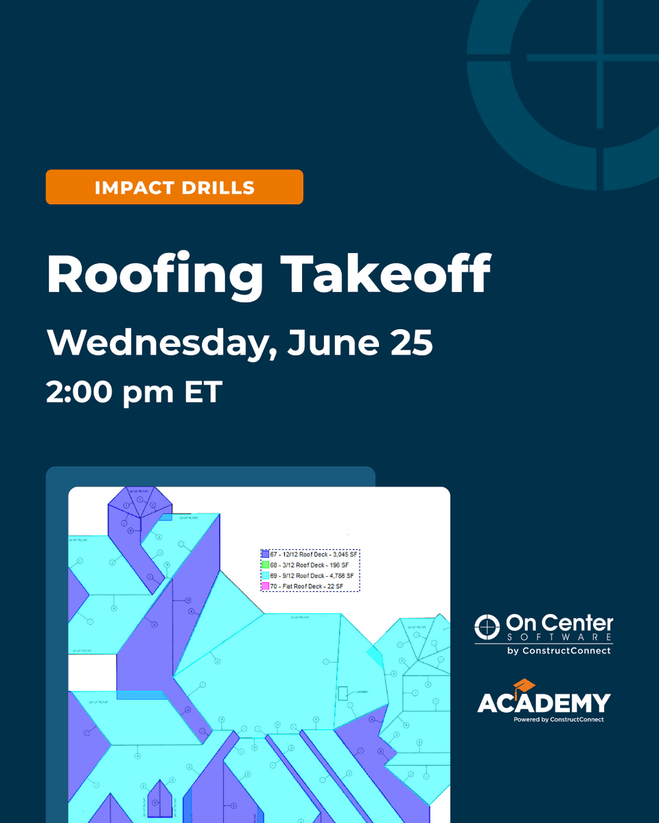 June 25, 2 PM ET: This month's Impact Drill covers Roofing Takeoff in On-Screen Takeoff.

Key topics:
- Setting up TPO, Asphalt, Metal conditions
- Efficient takeoffs for multiple buildings/sections

Watch live: youtube.pulse.ly/zuawy1kxow

#ConstructionStartsHere #RoofingTakeoff