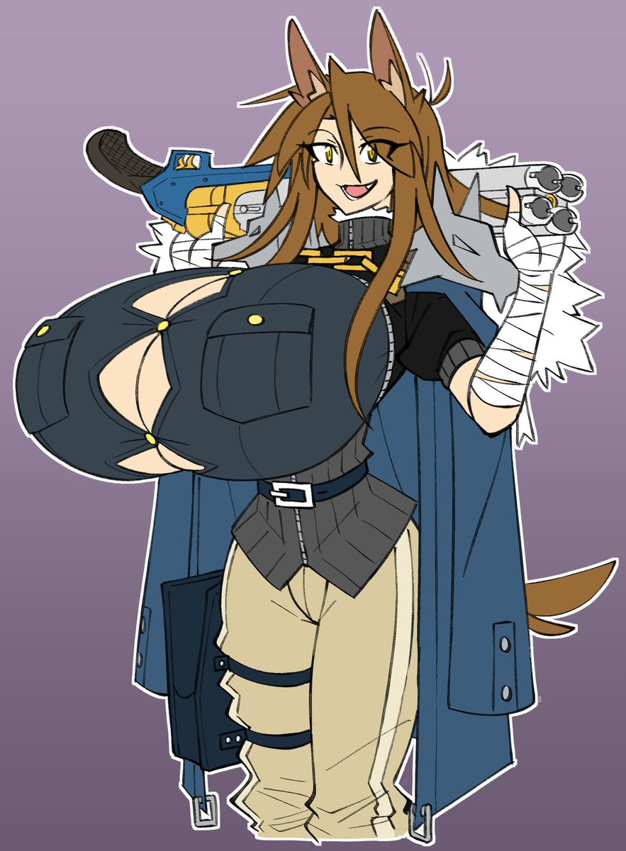 Lass the Bone Collector with her quad barrel sliding-breech shotgun (affectionately called "The Service Animal"); quick pic I made for my Twitch pngtuber avatar thing. Come join me when I stream to see her bounce on the side! #paiGraph

twitch.tv/egotrigger