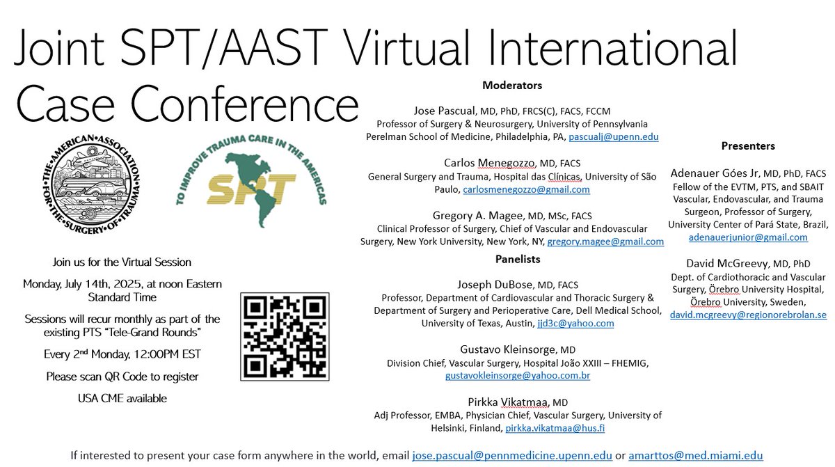 Panamericanadetrauma (@panamtrauma) on Twitter photo PTS/AAST Virtual International Case Conference, July 14, 2025, at noon EST.
Zoom Meeting:  zoom.us/j/93003989518,  Meeting ID: 930 0398 9518, Passcode: 604216.
More Info. panamtrauma.org/page-1854883
Check your local time before joining the meeting: Visit timeanddate.com/worldclock/con… PTS/AAST Virtual International Case Conference, July 14, 2025, at noon EST.
Zoom Meeting:  zoom.us/j/93003989518,  Meeting ID: 930 0398 9518, Passcode: 604216.
More Info. panamtrauma.org/page-1854883
Check your local time before joining the meeting: Visit timeanddate.com/worldclock/con…
