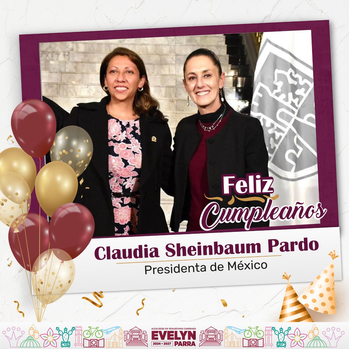 evelyn_parraA's tweet photo. 🎉 ¡Feliz cumpleaños, Presidenta Claudia Sheinbaum!

En Venustiano Carranza celebramos tu vida y liderazgo que inspira a millones de mujeres hacia un México más justo e igualitario.

#FelicidadesPresidenta #ClaudiaSheinbaum #EvelynParra #VC https://t.co/Dvkd0IoHij