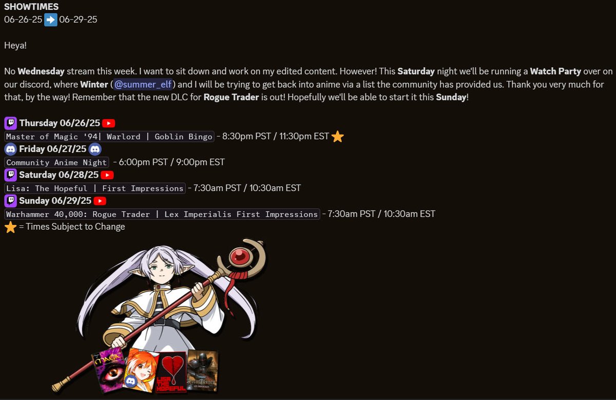 MechanicalBean1's tweet photo. New Schedule!
6/26 ▶ 6/29

#MasterofMagic #AnimeNight #LisatheHopeful #LexImperialis

Come join us on Thursday for some anime goodness!

https://t.co/JJgl7qXAIH ❤
https://t.co/76QwnMZdYy 💜
https://t.co/vjHu8nJ7dm 💙

#Frieren #SteinsGate #RankingofKings #ApothecaryDiaries https://t.co/TBLESTGfPN