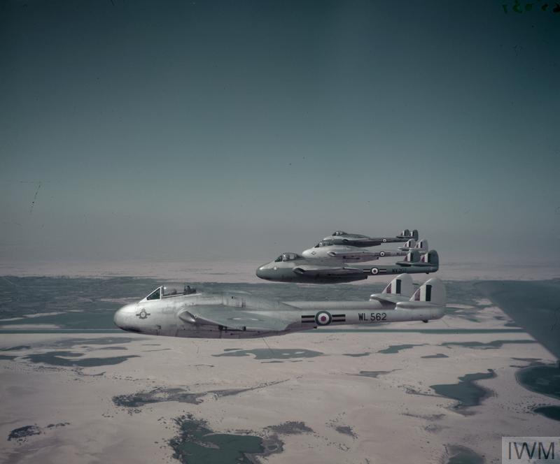 Four de Havilland Vampire FB.9s of No 213 Squadron from RAF Deversoir, part of the air defence force for the Canal Zone, fly in formation over the Egyptian desert in April 1954.

Image: IWM (RAF-T 6)