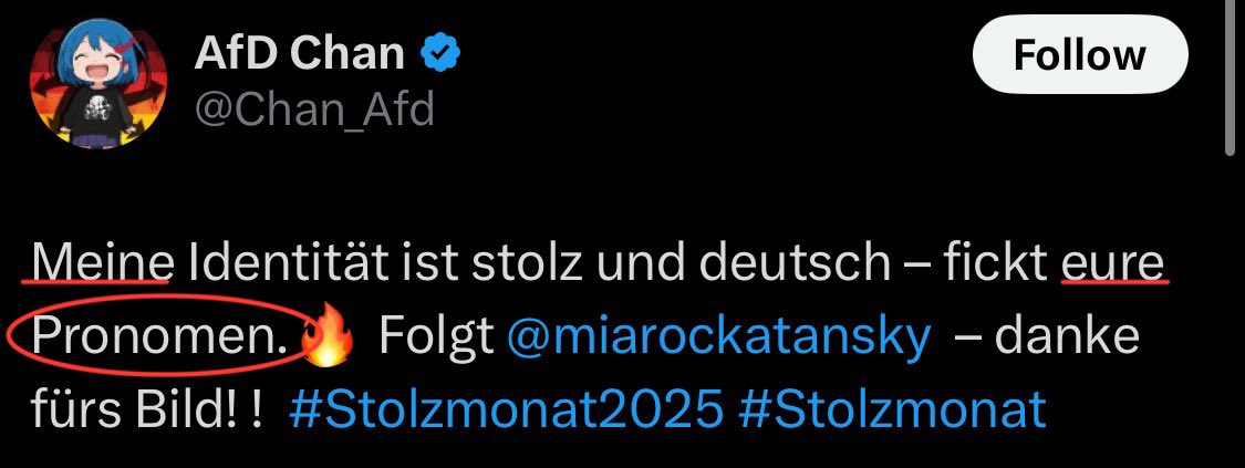 DieLinkeTina's tweet photo. @Chan_Afd @voydkid @miarockatansky Pass auf da sind gefährliche pronomen in deinem tweet! https://t.co/I1HlAUWauk