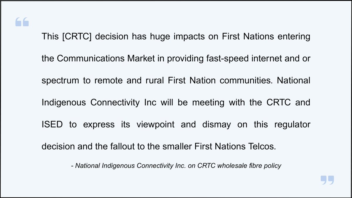National Indigenous Connectivity Inc., an organization that advocates for high-speed internet access in rural and remote First Nations, is concerned the CRTC wholesale access decision will negatively impact investment and connectivity in First Nation communities.