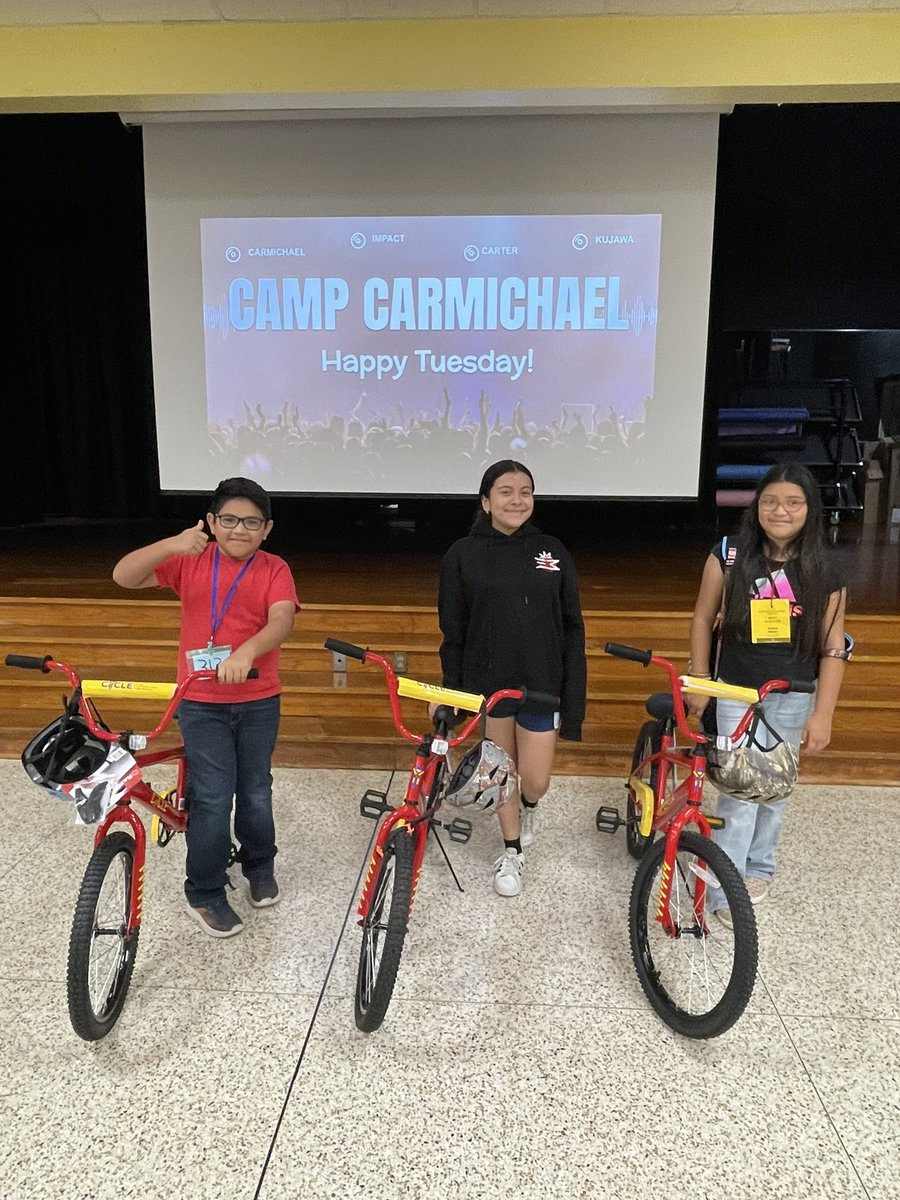 Stephanie Gonzalez (@sgonzalez1010) on Twitter photo 🚲 Our bike raffle has officially wrapped up with three final lucky winners! 🎉 Huge thanks to <a href="/Carter_AISD/">Carter Academy</a> for the generous bike donation that helped make this possible. Our campers were all smiles riding into summer! ☀️💪 #AldineSWT #CampCarmichael 🚲 Our bike raffle has officially wrapped up with three final lucky winners! 🎉 Huge thanks to <a href="/Carter_AISD/">Carter Academy</a> for the generous bike donation that helped make this possible. Our campers were all smiles riding into summer! ☀️💪 #AldineSWT #CampCarmichael
