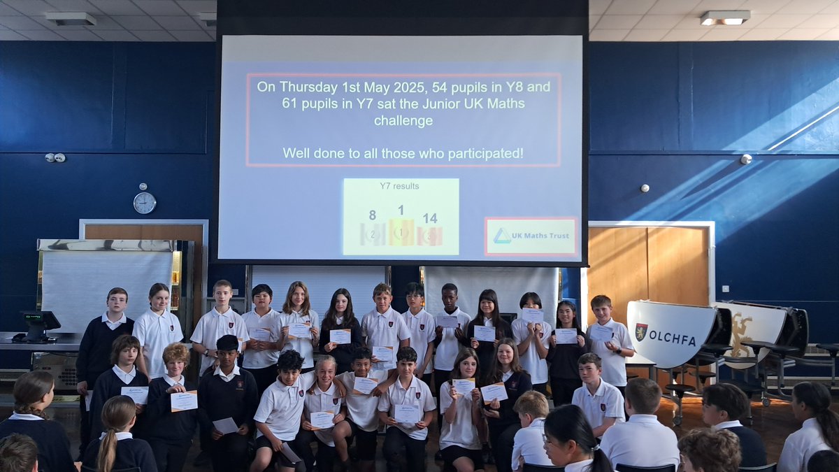 CompMathsOlchfa's tweet image. On 1st May 2025, 54 @olchfaschool pupils in Y8 and 61 in Y7 sat the Junior @UKMathsTrust challenge. It was a privilege to be able to celebrate their success in assemblies! 5🥇9🥈23🥉in Year 8 and 1🥇8🥈14🥉in Year 7 . Congratulations to all who participated! Well done!