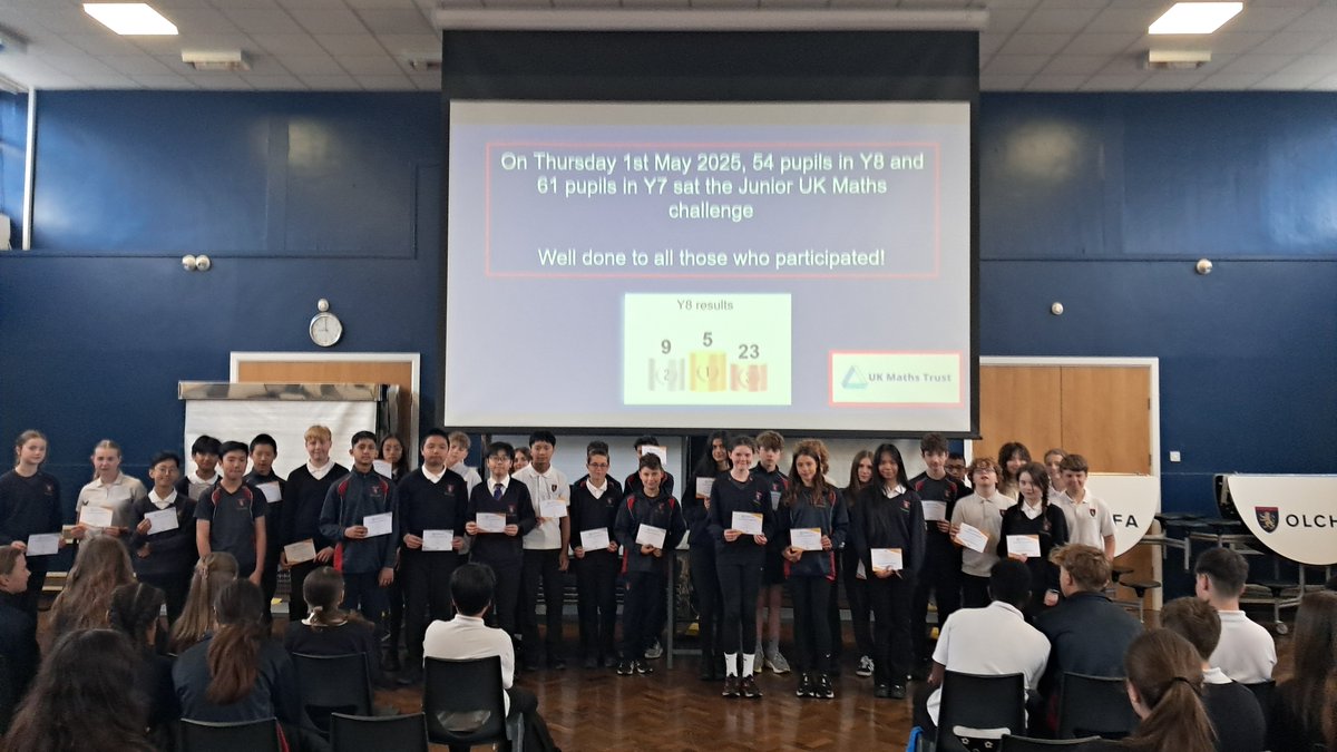 CompMathsOlchfa's tweet image. On 1st May 2025, 54 @olchfaschool pupils in Y8 and 61 in Y7 sat the Junior @UKMathsTrust challenge. It was a privilege to be able to celebrate their success in assemblies! 5🥇9🥈23🥉in Year 8 and 1🥇8🥈14🥉in Year 7 . Congratulations to all who participated! Well done!