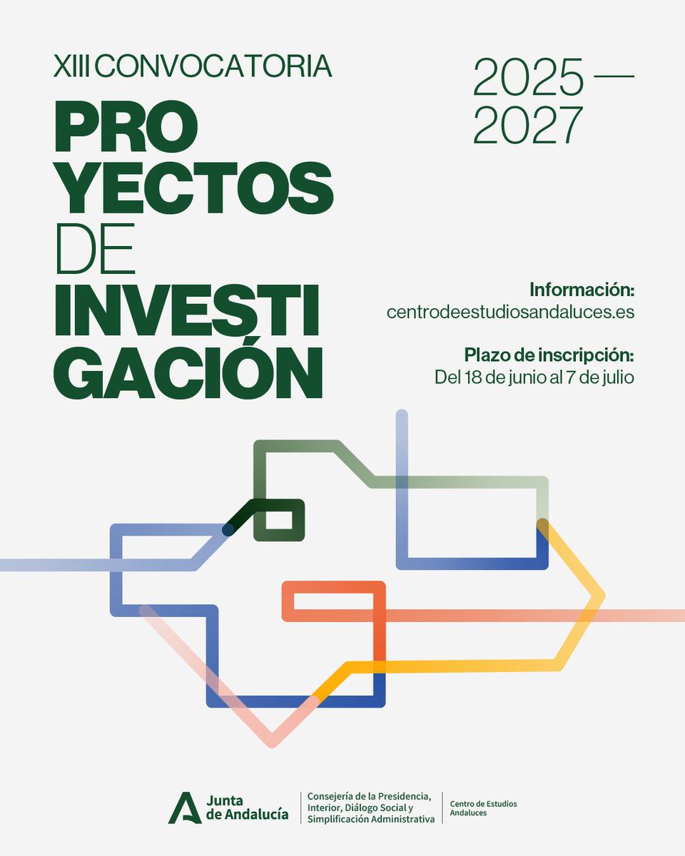 Consejería Universidad, Investigación e Innovación (@universidadand) on Twitter photo 📢 Abierta la convocatoria 2025–2027 de Proyectos de Investigación de la Fundación CENTRA, única iniciativa pública en Andalucía orientada a financiar estudios en el ámbito de las CC. Sociales y Humanidades.
🗓️ Solicitudes hasta el 7 de julio (14h).
🔗 centrodeestudiosandaluces.es/investigacion/… 📢 Abierta la convocatoria 2025–2027 de Proyectos de Investigación de la Fundación CENTRA, única iniciativa pública en Andalucía orientada a financiar estudios en el ámbito de las CC. Sociales y Humanidades.
🗓️ Solicitudes hasta el 7 de julio (14h).
🔗 centrodeestudiosandaluces.es/investigacion/…