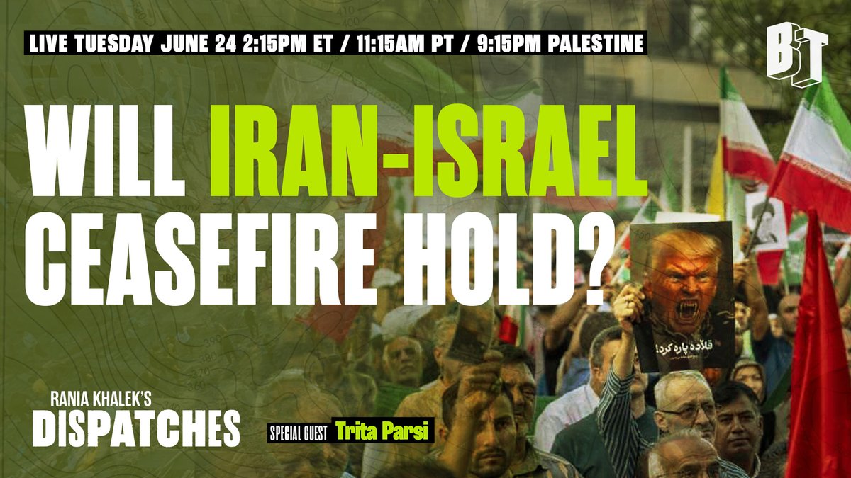 BreakThrough News (@btnewsroom) on Twitter photo đź”´ We are LIVE: Will Iran-Israel ceasefire hold?
Iran-Israel War: Trump Tries to Control Monster He Created | LIVE w/ <a href="/tparsi/">Trita Parsi</a> & <a href="/RaniaKhalek/">Rania Khalek</a> to break it all down.
📺 Watch here: youtube.com/live/nWtQMUX9O… 🔴 We are LIVE: Will Iran-Israel ceasefire hold?
Iran-Israel War: Trump Tries to Control Monster He Created | LIVE w/ <a href="/tparsi/">Trita Parsi</a> & <a href="/RaniaKhalek/">Rania Khalek</a> to break it all down.
📺 Watch here: youtube.com/live/nWtQMUX9O…
