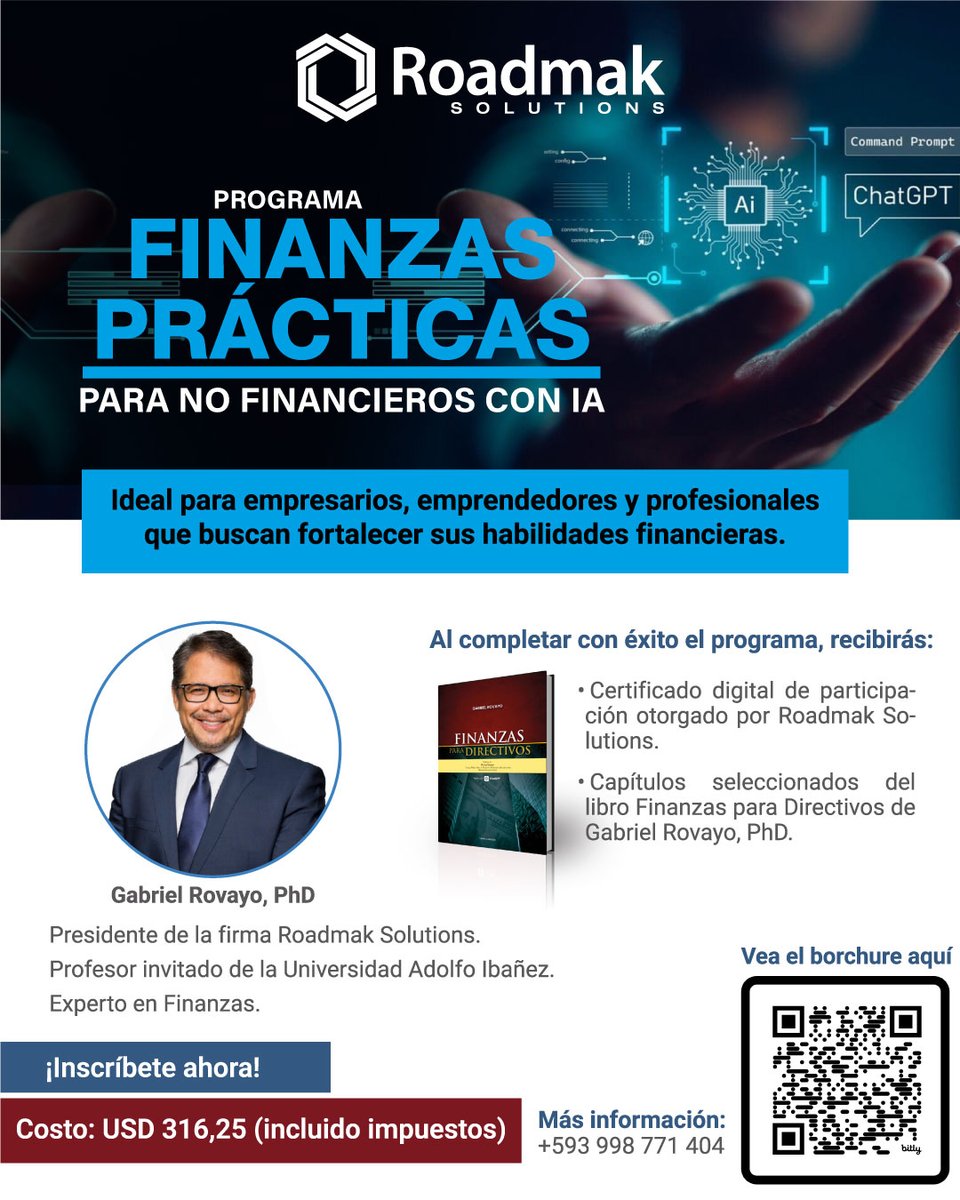 Roadmak Solutions (@roadmak) on Twitter photo 📊 ¿Tomas decisiones sin entender tus números?
Aprende finanzas con IA junto a <a href="/Gabriel_Rovayo/">Gabriel Rovayo, PhD</a>, PhD, este 04 de agosto.
✔️ Curso práctico
✔️ Certificado digital
✔️ Incluye capítulos de su libro
Comenta "Info" y te contactamos.
💰 $316,25 (IVA incluido) 📊 ¿Tomas decisiones sin entender tus números?
Aprende finanzas con IA junto a <a href="/Gabriel_Rovayo/">Gabriel Rovayo, PhD</a>, PhD, este 04 de agosto.
✔️ Curso práctico
✔️ Certificado digital
✔️ Incluye capítulos de su libro
Comenta "Info" y te contactamos.
💰 $316,25 (IVA incluido)