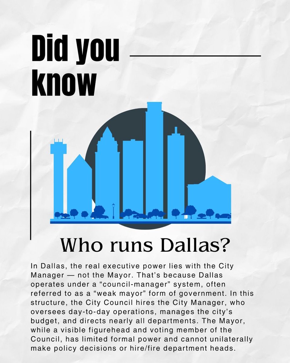 dallas_hero_'s tweet image. 💡 Think the Mayor runs Dallas? Think again.

In our city, real power rests with the City Manager — an unelected bureaucrat hired by the City Council. While the Mayor makes headlines, it’s the City Manager who controls the budget, oversees city departments, and shapes daily…