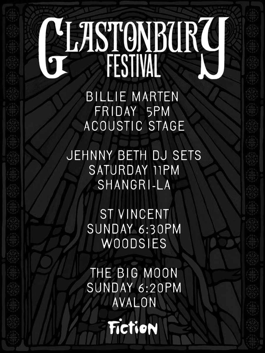 Fiction Records (@fictionrecords) on Twitter photo Heading to <a href="/glastonbury/">Glastonbury Festival</a> this weekend? Make sure to check out the incredible artists from our roster performing! Including <a href="/BillieMarten/">Billie</a>, Jehnny Beth, St. Vincent and <a href="/thebigmoon/">The Big Moon</a> 🖤 we will see you there! Heading to <a href="/glastonbury/">Glastonbury Festival</a> this weekend? Make sure to check out the incredible artists from our roster performing! Including <a href="/BillieMarten/">Billie</a>, Jehnny Beth, St. Vincent and <a href="/thebigmoon/">The Big Moon</a> 🖤 we will see you there!