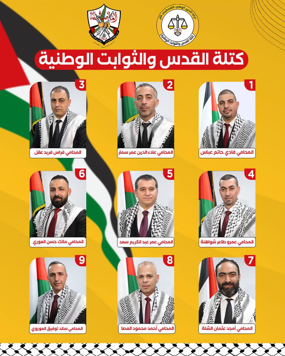 ⚜️كتلة القدس والثوابت الوطنية 

"حركة التحرير الوطني الفلسطيني فتح"
في انتخابات نقابة المحامين الفلسطينين

نكتب بالألم مستقبلًا يشبهنا، ويليق بنقابتنا.