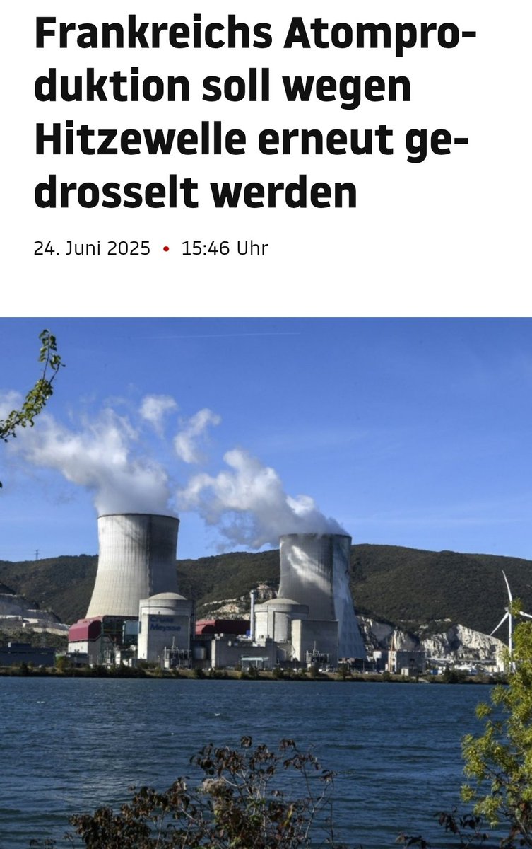#Frankreich muss wieder mal seine Atomkraftwerke drosseln, weil das Wasser der Flüsse droht zu warm zu werden.

Mit diesen Dingern ist auch immer irgendetwas... Bei dem Preis müsste man eigentlich glauben, die laufen 24/7 durch.
/PM