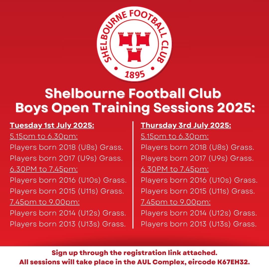 Shelbourne FC Academy (@shelsacademy) on Twitter photo ๐๐๐๐ก๐๐ค๐ช๐ง๐ฃ๐ ๐๐พ are delighted to host open training sessions on Tuesday, 1st July and Thursday, 3rd July 2025 at the AUL Complex for our schoolboy section.
Players born 2018 (U8s) to 2013 (U13s) are invited to take part in these open training sessions as we prepare our ๐๐๐๐ก๐๐ค๐ช๐ง๐ฃ๐ ๐๐พ are delighted to host open training sessions on Tuesday, 1st July and Thursday, 3rd July 2025 at the AUL Complex for our schoolboy section.
Players born 2018 (U8s) to 2013 (U13s) are invited to take part in these open training sessions as we prepare our