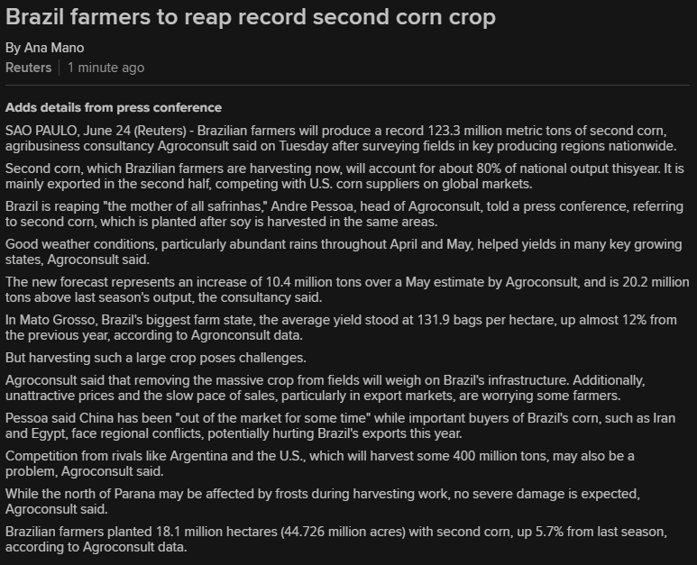 🇧🇷  "The mother of all safrinhas" 🌽

Agroconsult projects a record second #corn crop for Brazil this season of 123.3 million metric tons - up 10.4 mmt from last month's estimate and up 20.2 mmt from last year.

Add in a projected record US crop - not friendly for market bulls.