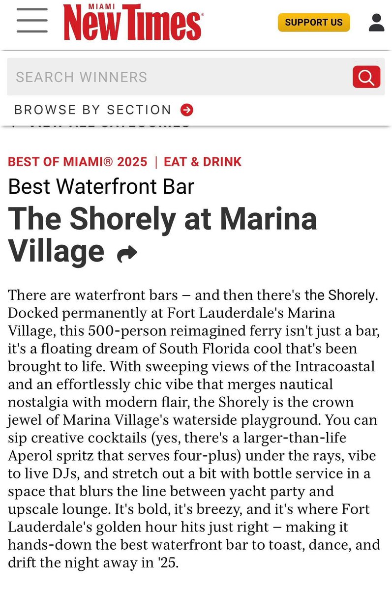 Love that the Miami New Times ventured into Broward to recognize The Shorely as “Best Waterfront Bar”! This is the anchor of the Marina Village- just Phase 1 of a totally reimagined Bahia Mar in the City of Fort Lauderdale’s District 2. So much more to come! Congrats!