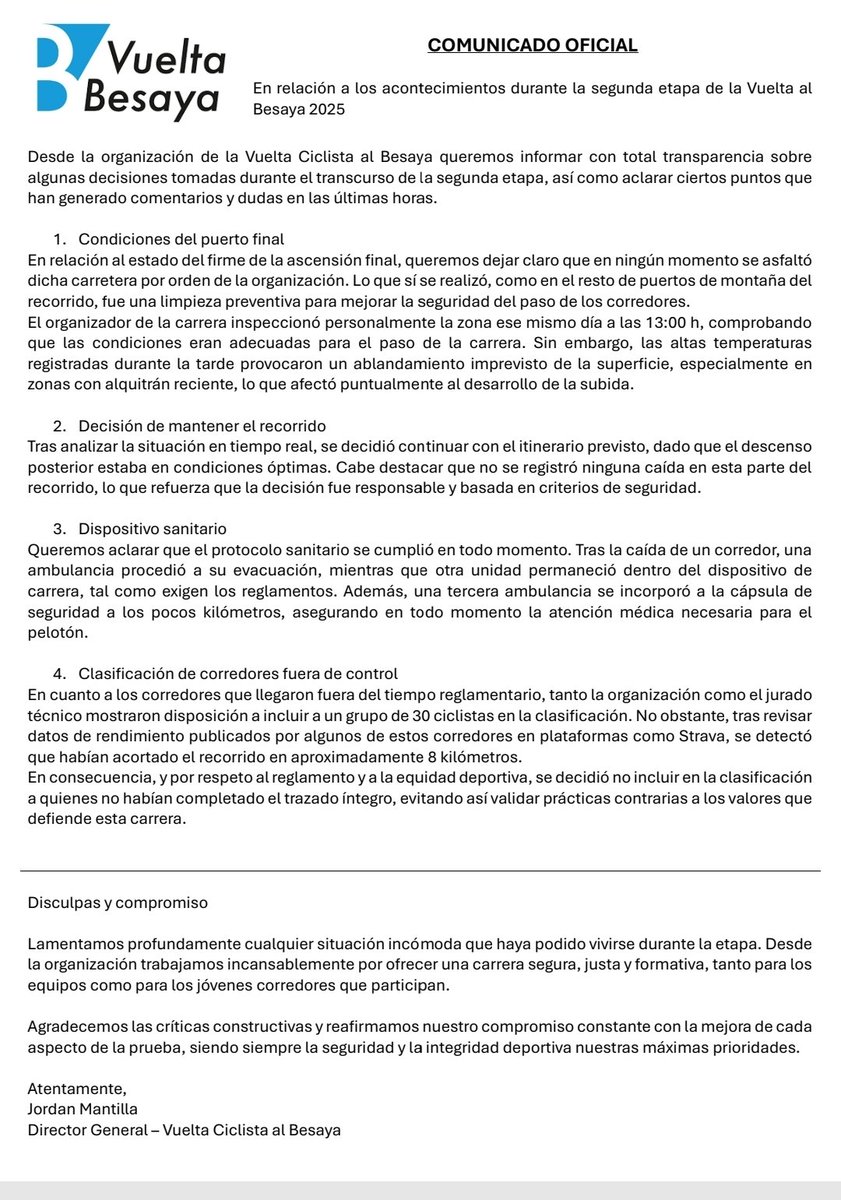 I COMUNICADO OFICIAL I

Comunicado oficial de la organización, tras los acontecimientos sucedidos en la segunda etapa 

#Besaya25