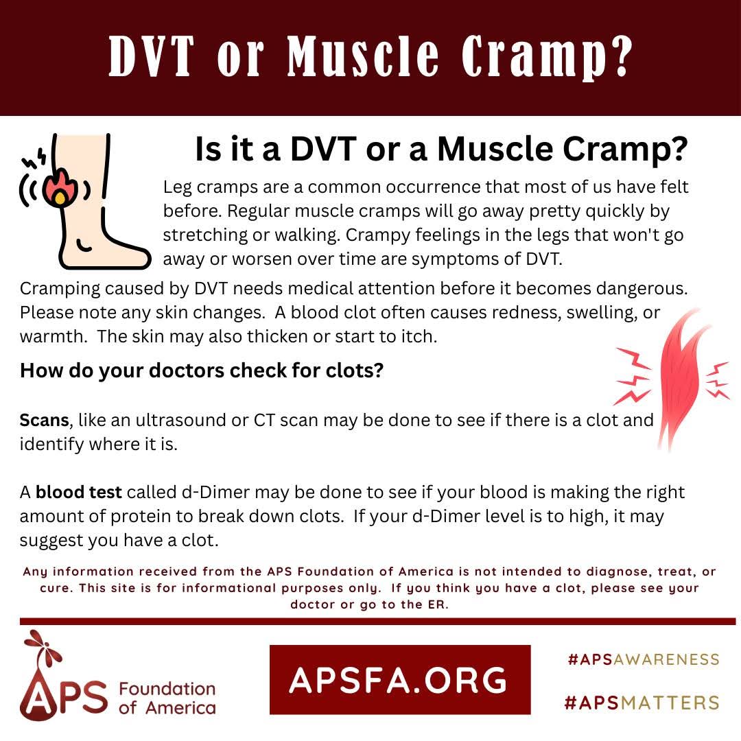 APSFA's tweet image. Leg cramps are a common occurrence that most of us have felt before. Regular muscle cramps will go away pretty quickly by stretching or walking. Crampy feelings in the legs that won&apos;t go away or worsen over time are symptoms of DVT. 

Cramping caused by #DVT needs medical