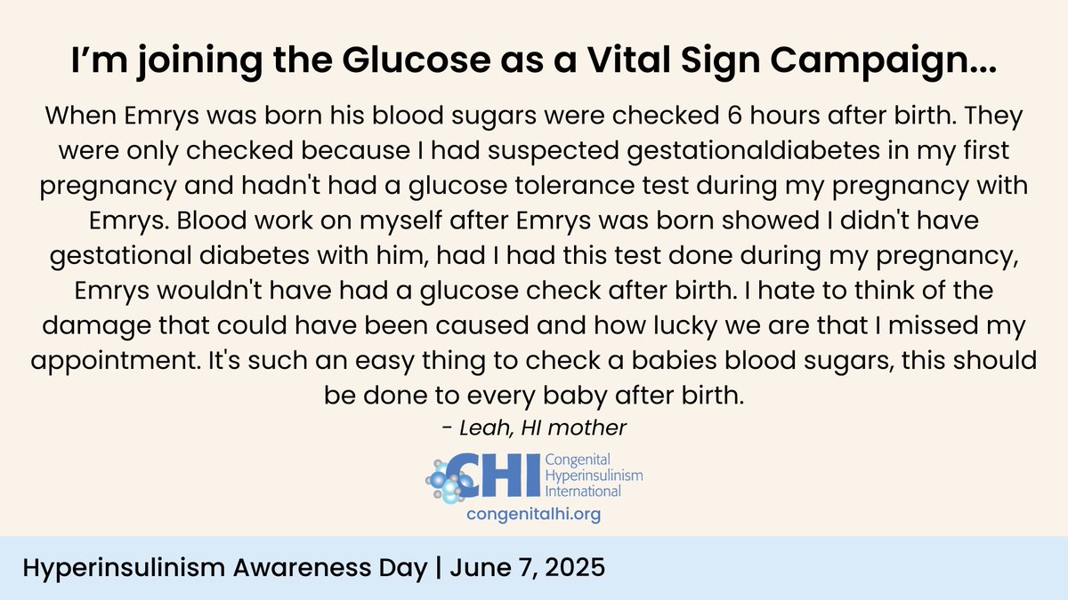 Emrys's first blood glucose level was 1.1 mmol/L (3.9–5.6 mmol/L = normal).⁠

A healthy brain depends on normal blood glucose. It is vital to check and manage blood glucose in newborns.
⁠
View a slideshow of all of our Hyperinsulinism Day submissions at congenitalhi.org/hyperinsulinis…