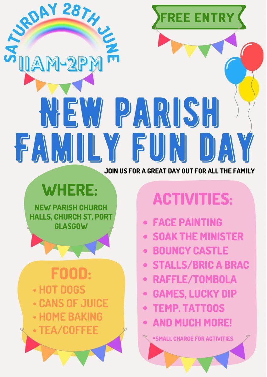 William Boyle (@williamaboyle) on Twitter photo New Parish Family Fun Day this Saturday 🎈
Are you coming along?
Join us <a href="/port_parish/">Port Glasgow New Parish Church</a> - Princes Street, Port Glasgow. New Parish Family Fun Day this Saturday 🎈
Are you coming along?
Join us <a href="/port_parish/">Port Glasgow New Parish Church</a> - Princes Street, Port Glasgow.
