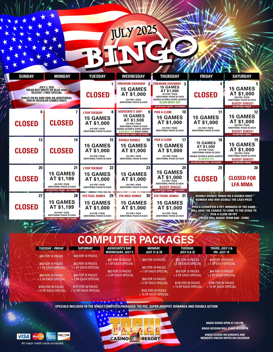 Bingo fun is heating up this July! 🔥 Check out our exciting lineup and mark your calendars!
What are you most excited for? Let us know in the comments below! 🎉

#bingo #yokutbingohall #tachipalacecasino #lemoore #california #centralvalley #summer #summervibes #bigwins