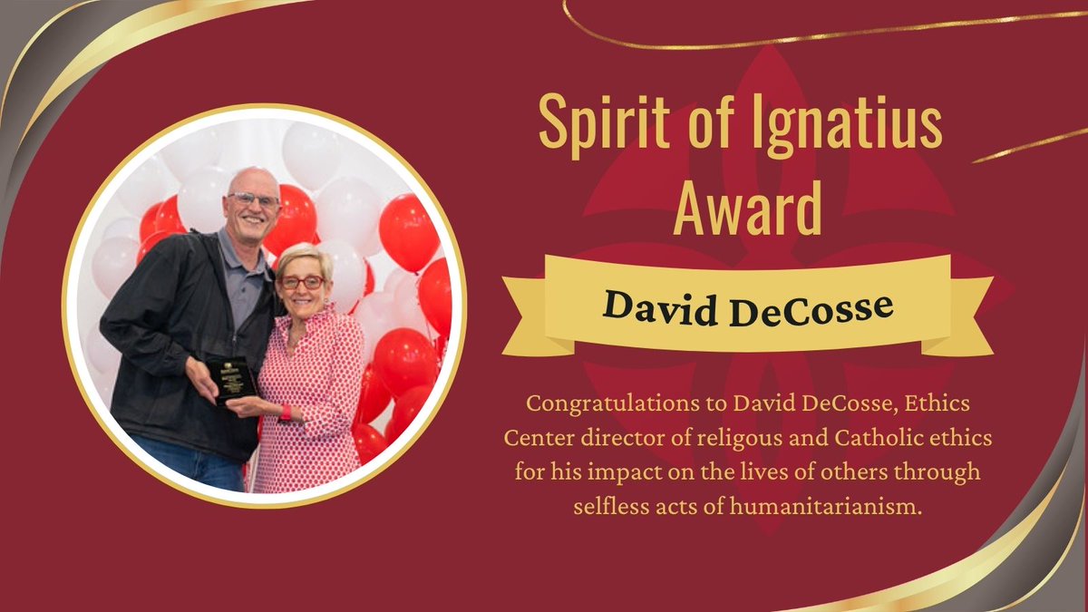 🎉 We’re proud to recognize David DeCosse, director of religious &amp; Catholic ethics, for receiving SCU’s Spirit of Ignatius Award!

From mentoring students to serving the unhoused, David lives 
the Ignatian call to be a person for others.

#SpiritOfIgnatius #EthicsInAction