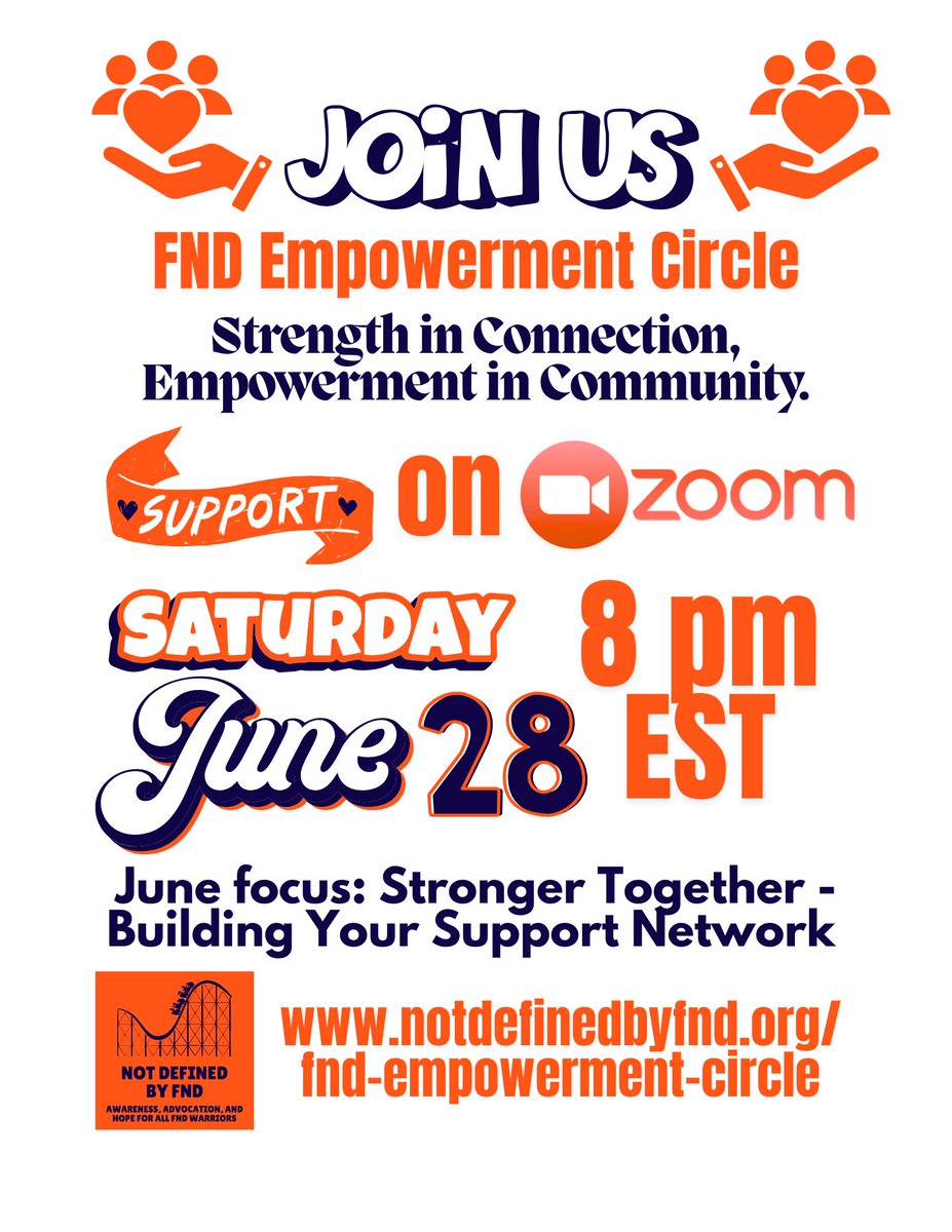 Join the FND Empowerment Circle! 

This is a safe, supportive space for all FND Warriors &amp; supporters to share, learn, and grow together.

When: Saturday, June 28 @ 8 PM EST

June Focus: Stronger Together – Building Your Support Network

🔗 notdefinedbyfnd.org/fnd-empowermen…
