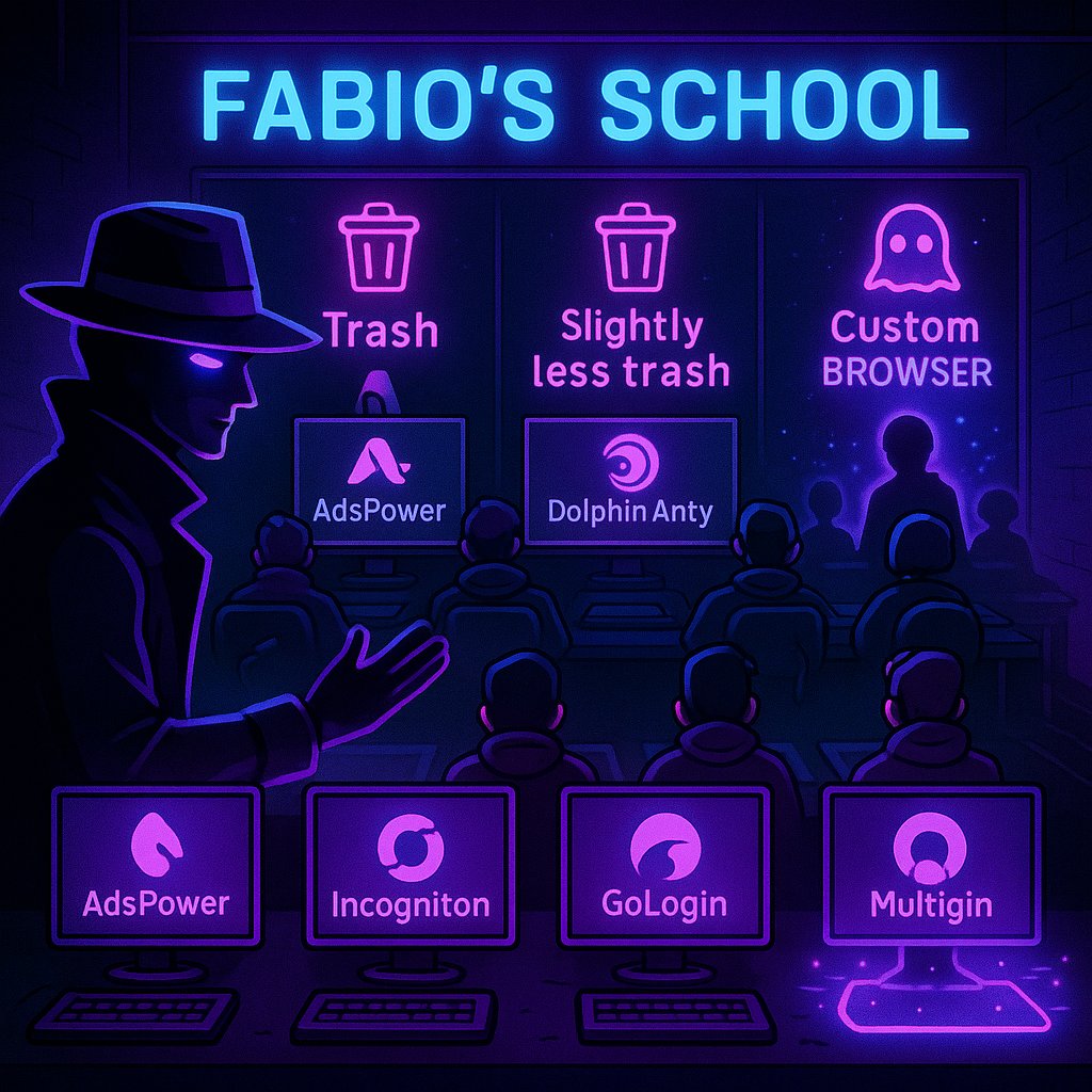 🟣 Fun fact:
90% “automation ninjas” use AdsPower/Dolphin Anty = trash 🗑️
9.9% roll with OctoBrowser + a few others (Incogniton, GoLogin, Multilogin) = slightly less trash 🪣
0.1% = true Fabio’s School members with custom, private browsers 🟪💜
If you’re using public “undetected