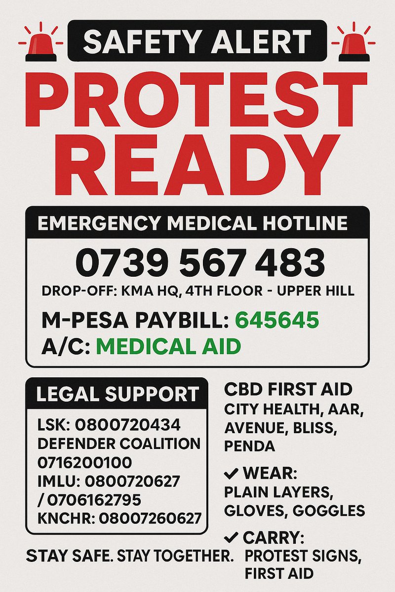 As the nation prepares for tomorrow’s #Maandamano, we share this in solidarity. If you're attending, supporting, or amplifying your safety matters. 

Here are essential emergency contacts, medical resources, &amp; tips. 

A 🧵👇
#ZamaraVoices