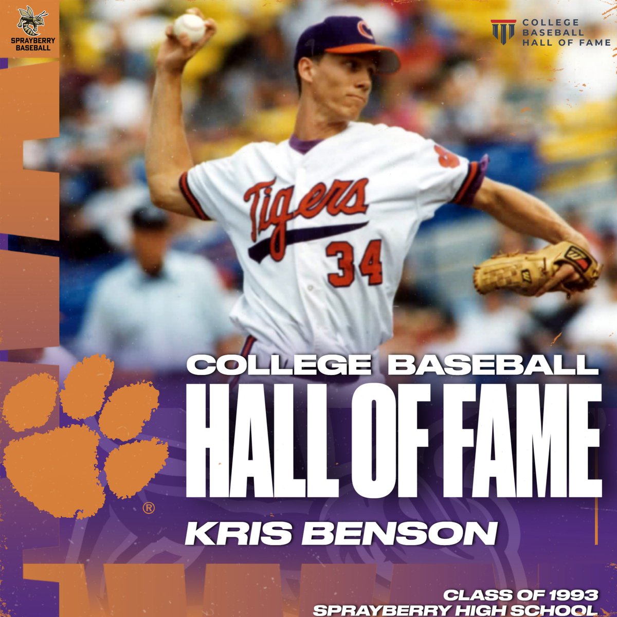 Congratulations to Kris Benson (Class of 1993) on being inducted to the College Baseball Hall of Fame! 
🖤💛🐝 🧡💜🐅 ⚾
#shspositiveposting #wearesprayberry