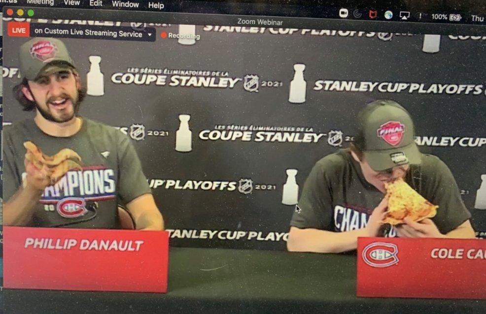 Stu Cowan (@stucowan1) on Twitter photo THIS DATE IN #HABS HISTORY
June 24, 2021: Phillip Danault and Cole Caufield having some pizza during postgame Zoom conference after Canadiens beat Vegas Golden Knights 3-2 on overtime goal by Atturi Lehkonen in Game 6 of Stanley Cup semifinal series to advance to Cup final. THIS DATE IN #HABS HISTORY
June 24, 2021: Phillip Danault and Cole Caufield having some pizza during postgame Zoom conference after Canadiens beat Vegas Golden Knights 3-2 on overtime goal by Atturi Lehkonen in Game 6 of Stanley Cup semifinal series to advance to Cup final.