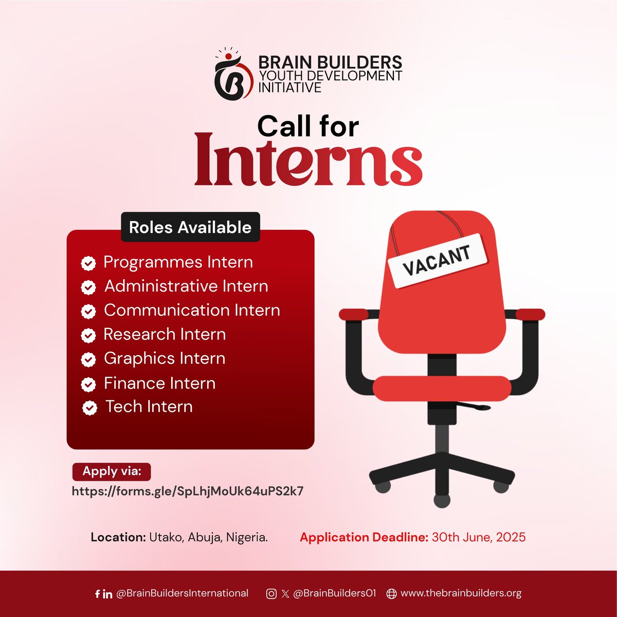 Call for Interns

Are you a vibrant and passionate young individual interested in the development space?

Do you want to gain hands-on experience in the field and work on impactful projects?

Brain Builders Youth Development Initiative (BBYDI), a youth-led non-profit, is excited