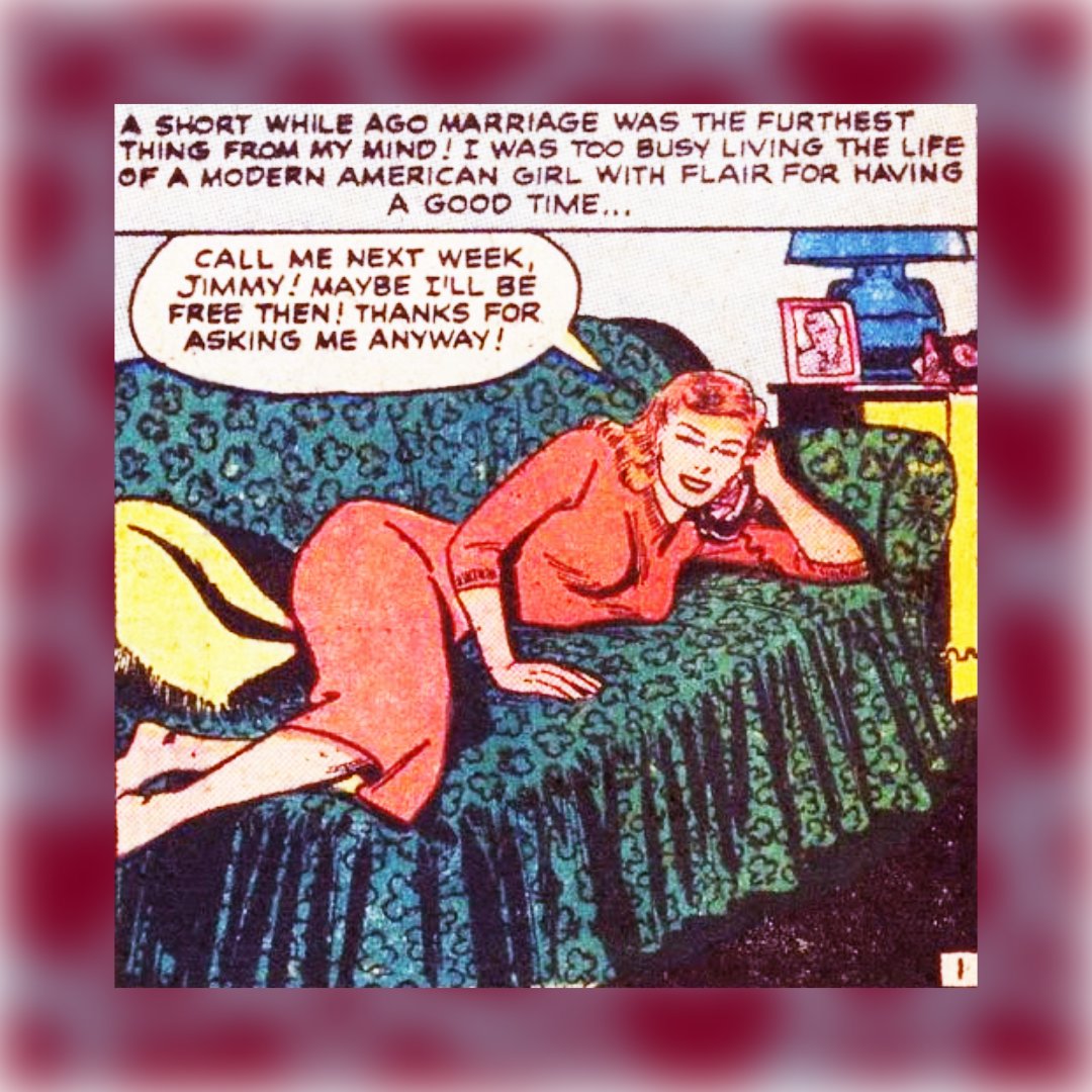 dwilt55's tweet image. #RomanceComicsTuesday:  A Modern American Girl!

"Marriage was the furthest thing from my mind! I was too busy living the life of a modern American girl with [a] flair for having a good time . . . "

True Secrets 13 (1952)
#romancecomics #moderngirl